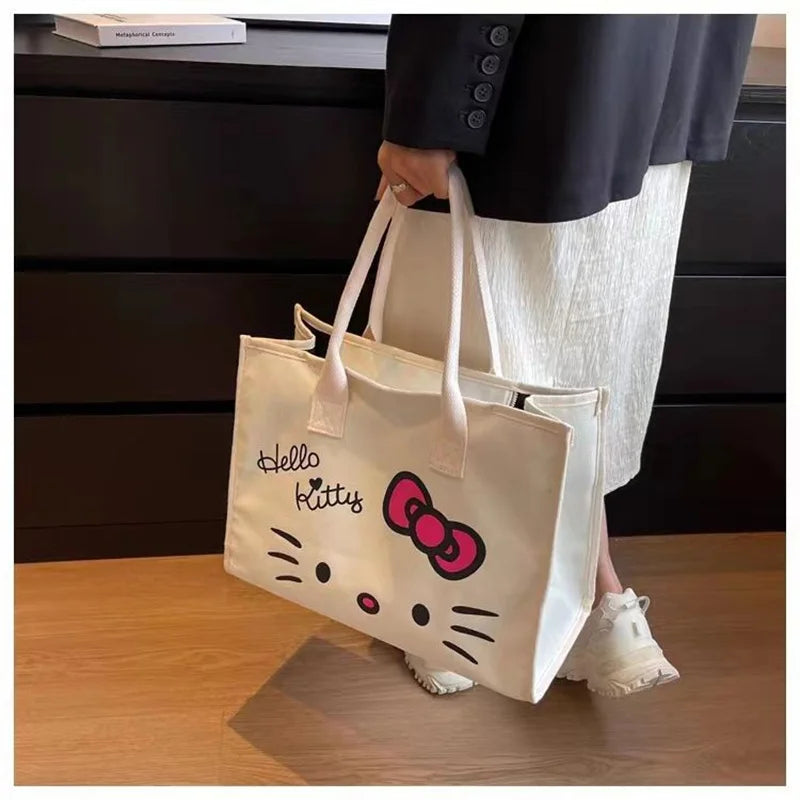 Kawaii Hello Kitty Shoulder Bag for Girls Y2K Hello Kitty Canvas Tote Bag Portable Business Package Fashion Big Laptop Bag Gifts