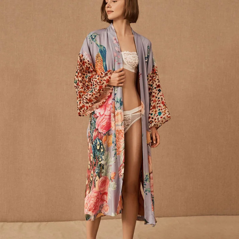 TEELYNN Cotton Kimono Cardigan Women Long Blouse Dresses 2022 Vintage Peacock Printed Summer Robe Tunic Tops Boho Beach Cover Up