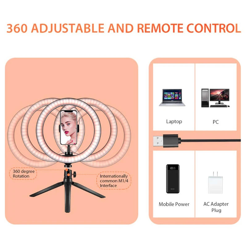 LED Selfie Ring Light 3 modes Dimmable Photography Lamp with 50cm Tripod Remote control for Tiktok Video Live Makeup Fill Light