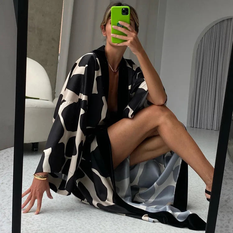 Print Long Lace-up Maxi Dress Spring Summer Nightgown Long Sleeve Kimono For Women Bathrobe Gown Sexy Home Robe Loungewear 2023