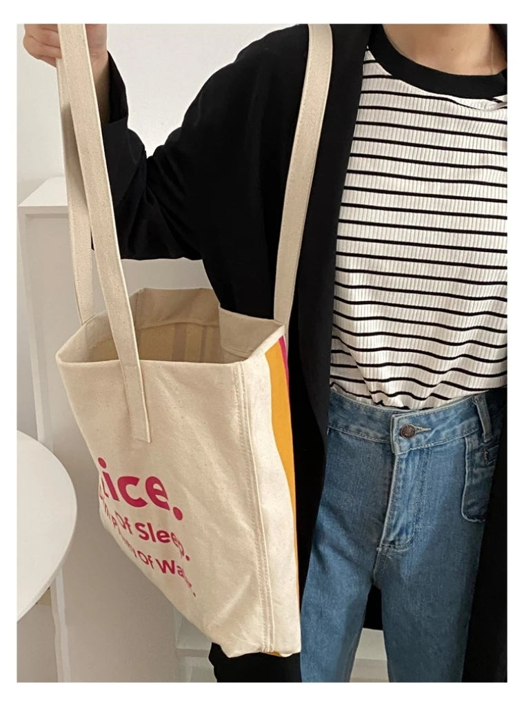 Casual BE NICE Letter Canvas Tote Beach Bags for Women Summer Shopping Purses 2023 New Big Capacity Striped Shoulder Bag