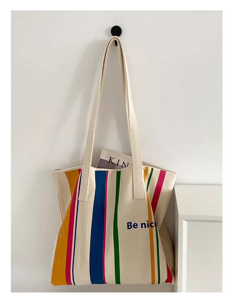 Casual BE NICE Letter Canvas Tote Beach Bags for Women Summer Shopping Purses 2023 New Big Capacity Striped Shoulder Bag