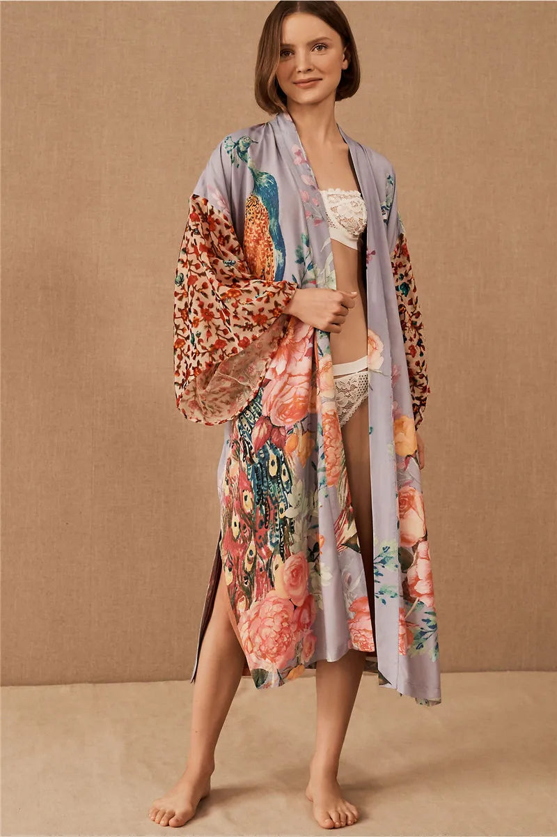 TEELYNN Cotton Kimono Cardigan Women Long Blouse Dresses 2022 Vintage Peacock Printed Summer Robe Tunic Tops Boho Beach Cover Up