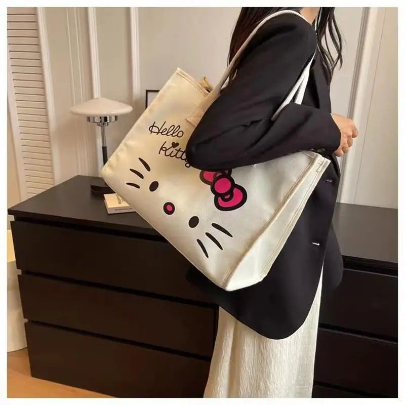 Kawaii Hello Kitty Shoulder Bag for Girls Y2K Hello Kitty Canvas Tote Bag Portable Business Package Fashion Big Laptop Bag Gifts