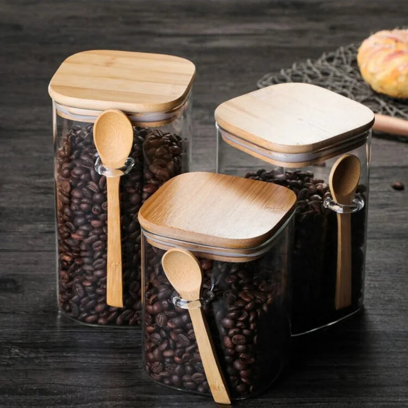 1pcs 1000/1200/1500ml Square Sealed Glass Storage Jars with Wooden Spoon,Coffee Bean,Tea,Grain,Seasoning Food Storage Containers