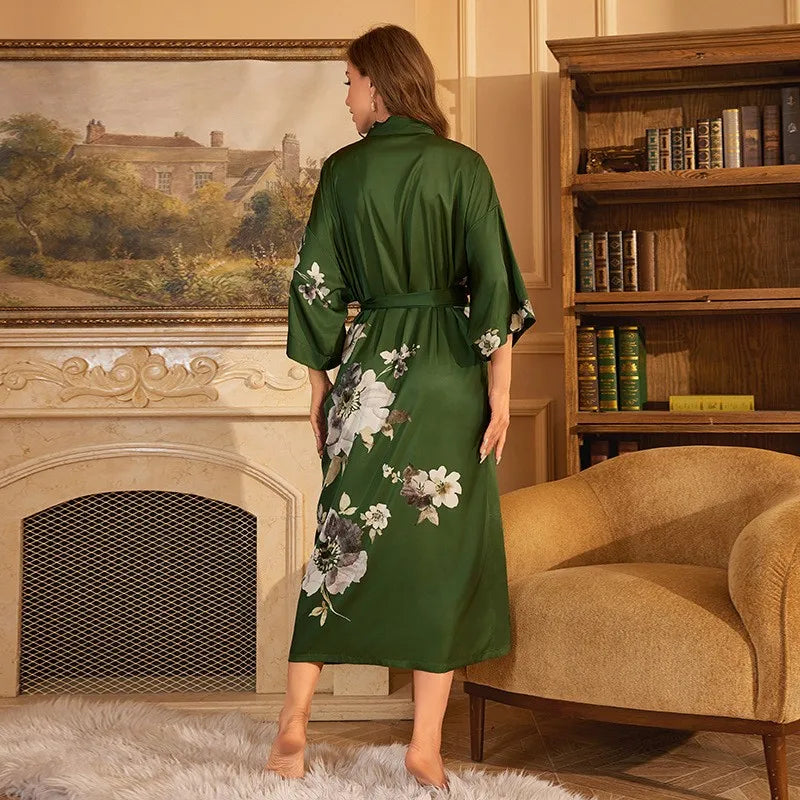 Large Size Bathrobe Kimono Print Women Bath Robe Nightgown Spring Summer Silky Satin Sleepwear Casual Dressing Gown Nightdress
