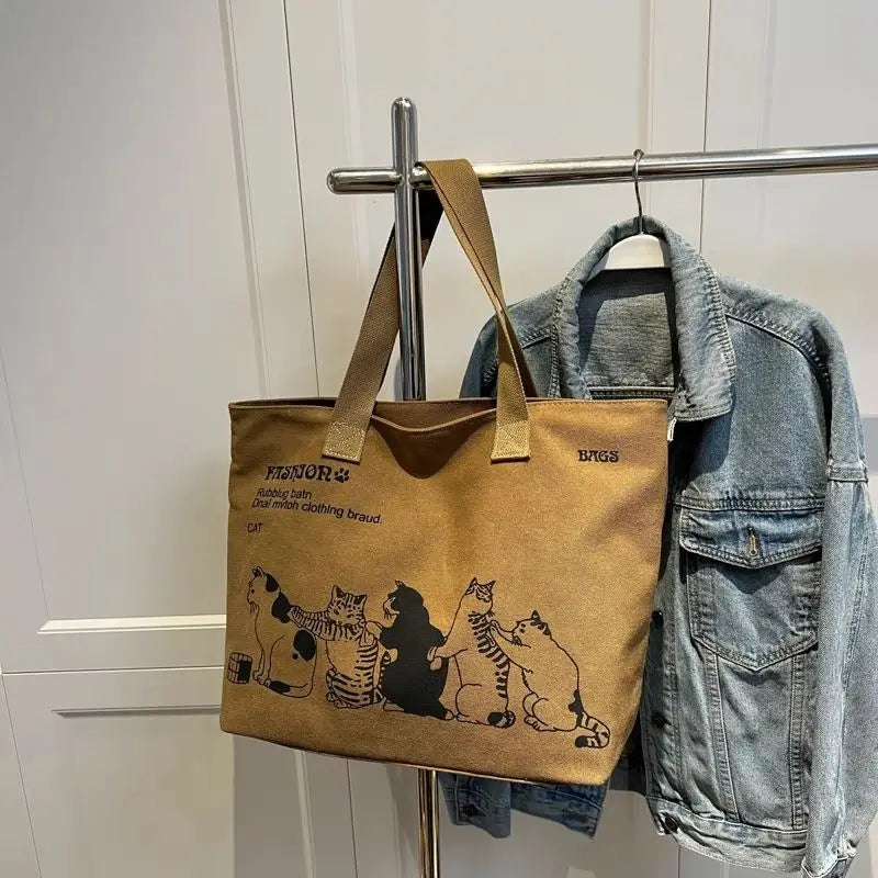 Large Tote for Women Shopping Storage Commute Canvas Handbag Cartoon Cat Printed Totes Portable Leisure Big Bag Shoulder Bags