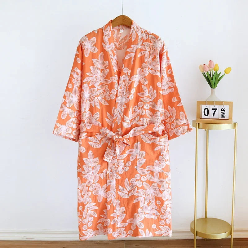 2024 Japanese Kimono Women's New 100% Cotton Loose Bathrobe Lace up Kimono Bathrobe Sweat Steaming Gown Pajama Ladies Sleepwear