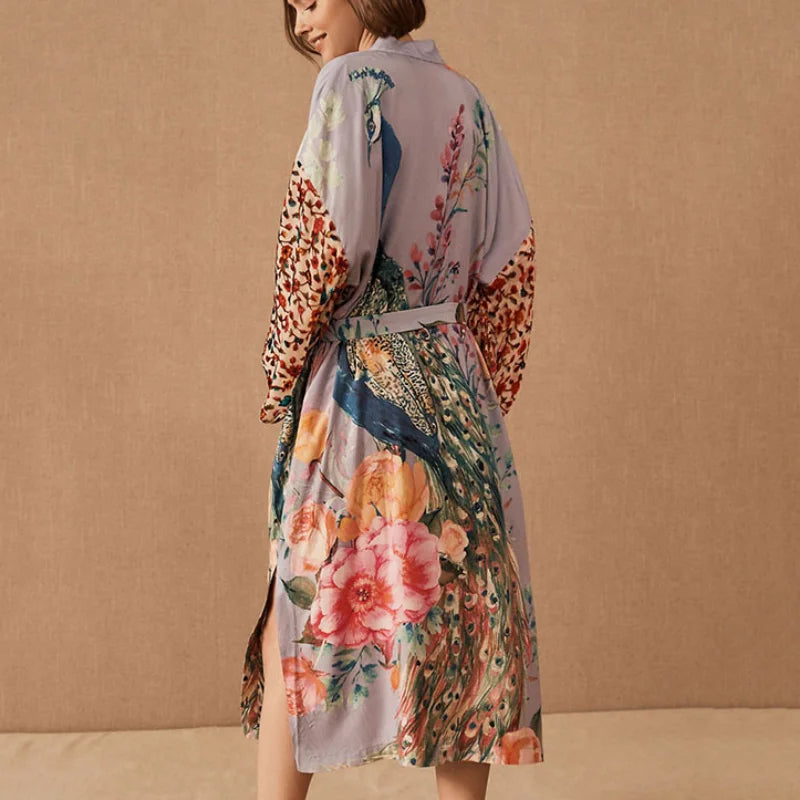 TEELYNN Cotton Kimono Cardigan Women Long Blouse Dresses 2022 Vintage Peacock Printed Summer Robe Tunic Tops Boho Beach Cover Up
