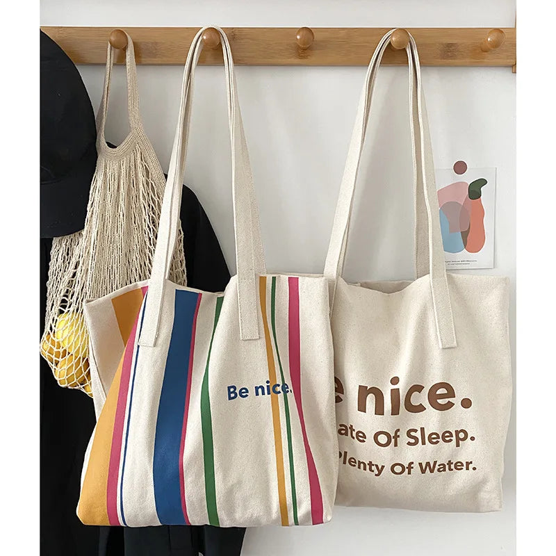 Casual BE NICE Letter Canvas Tote Beach Bags for Women Summer Shopping Purses 2023 New Big Capacity Striped Shoulder Bag