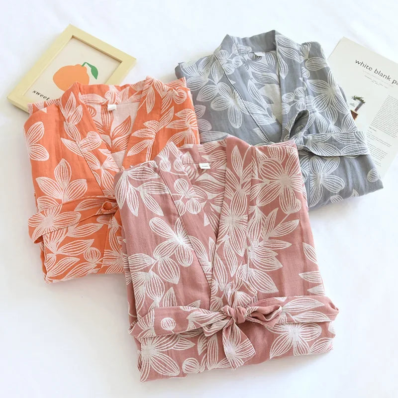 2024 Japanese Kimono Women's New 100% Cotton Loose Bathrobe Lace up Kimono Bathrobe Sweat Steaming Gown Pajama Ladies Sleepwear