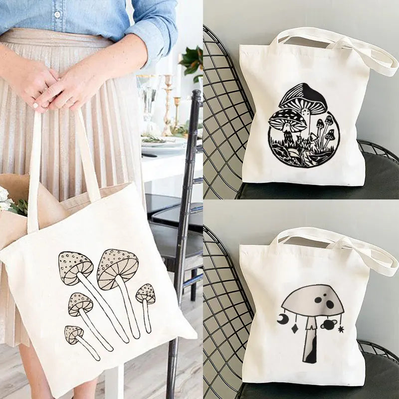 Reusable Canvas Shoulder Bag Beach Bag Minimalist Shopping BagMushroom Tote Bag Ready to Ship Gift Book Bag Farmers Market Bag