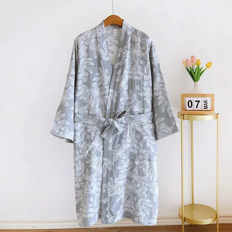 2024 Japanese Kimono Women's New 100% Cotton Loose Bathrobe Lace up Kimono Bathrobe Sweat Steaming Gown Pajama Ladies Sleepwear