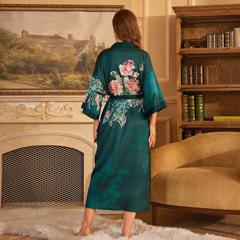 Large Size Bathrobe Kimono Print Women Bath Robe Nightgown Spring Summer Silky Satin Sleepwear Casual Dressing Gown Nightdress