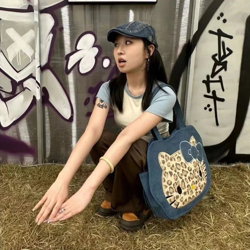 Leopard Hellokitty Denim Shoulder Bag Sanrio Cute Cartoon Bag Large Capacity Tote Women's Canvas Handbag Casual Satchel Backpack