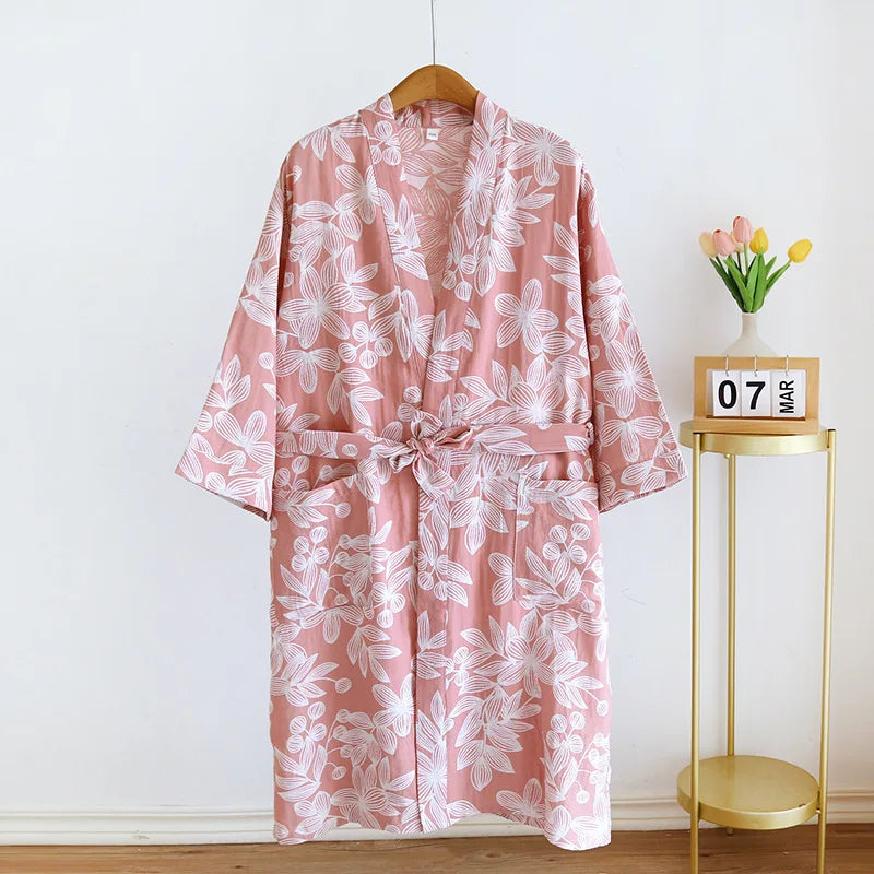 2024 Japanese Kimono Women's New 100% Cotton Loose Bathrobe Lace up Kimono Bathrobe Sweat Steaming Gown Pajama Ladies Sleepwear