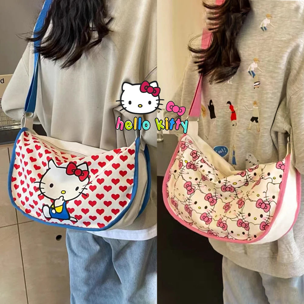 Hello Kitty Women's Tote Bag Sanrio Anime Underarm Bag Sweet Cute Portable HandBag Large Capacity Fashion Canvas Shoulder Bag ﻿