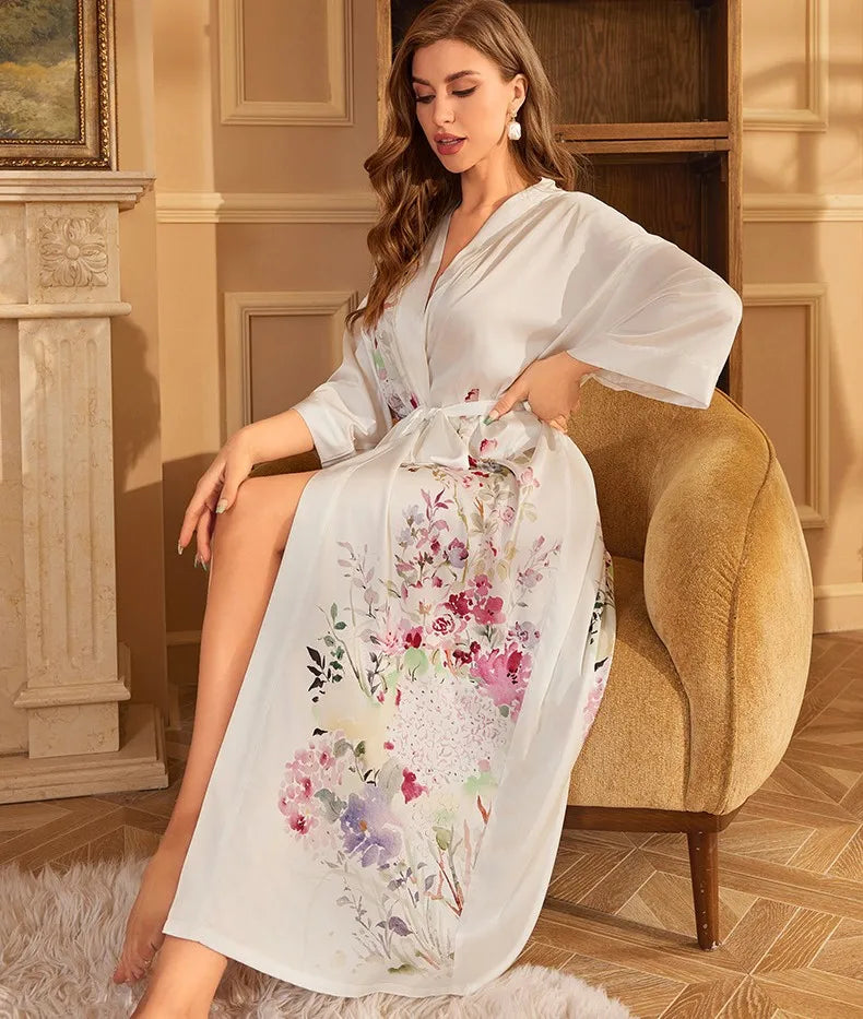 Large Size Bathrobe Kimono Print Women Bath Robe Nightgown Spring Summer Silky Satin Sleepwear Casual Dressing Gown Nightdress