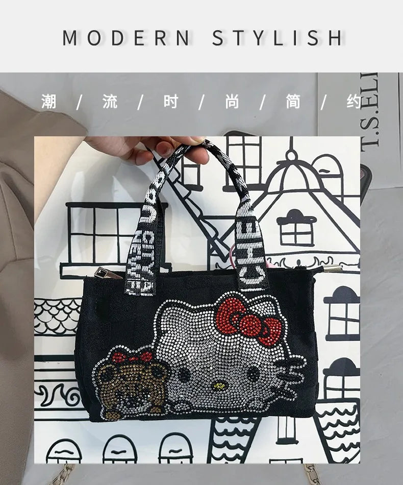 New Sanrio Hello Kitty Y2K Messenger Bag Girl Cute Cartoon Rhinestone Casual Versatile Handbag Canvas Tote Bag Holiday Gifts