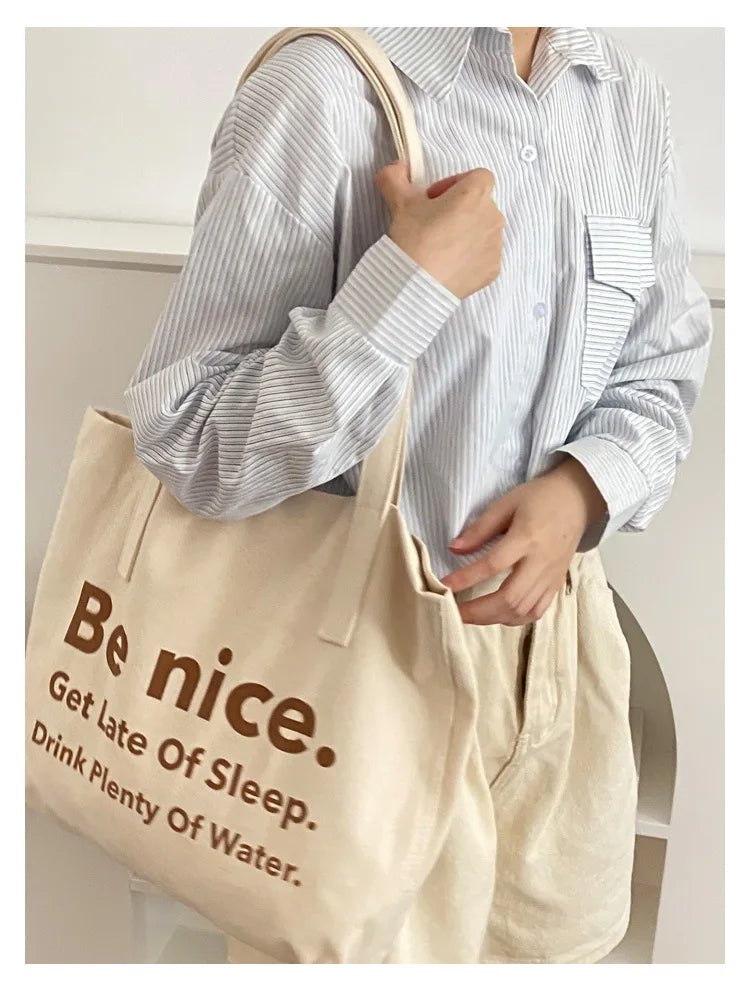 Casual BE NICE Letter Canvas Tote Beach Bags for Women Summer Shopping Purses 2023 New Big Capacity Striped Shoulder Bag