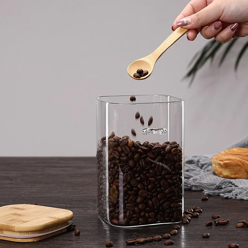 1pcs 1000/1200/1500ml Square Sealed Glass Storage Jars with Wooden Spoon,Coffee Bean,Tea,Grain,Seasoning Food Storage Containers