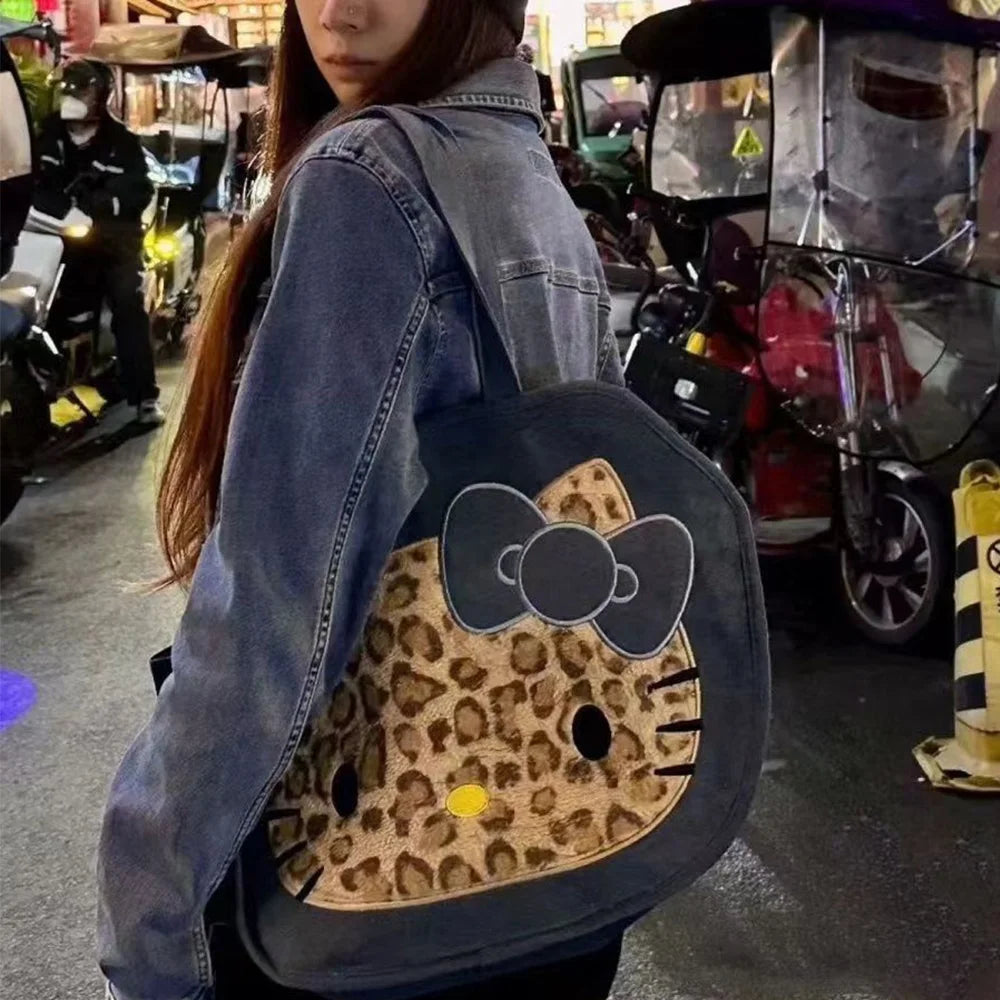 Leopard Hellokitty Denim Shoulder Bag Sanrio Cute Cartoon Bag Large Capacity Tote Women's Canvas Handbag Casual Satchel Backpack