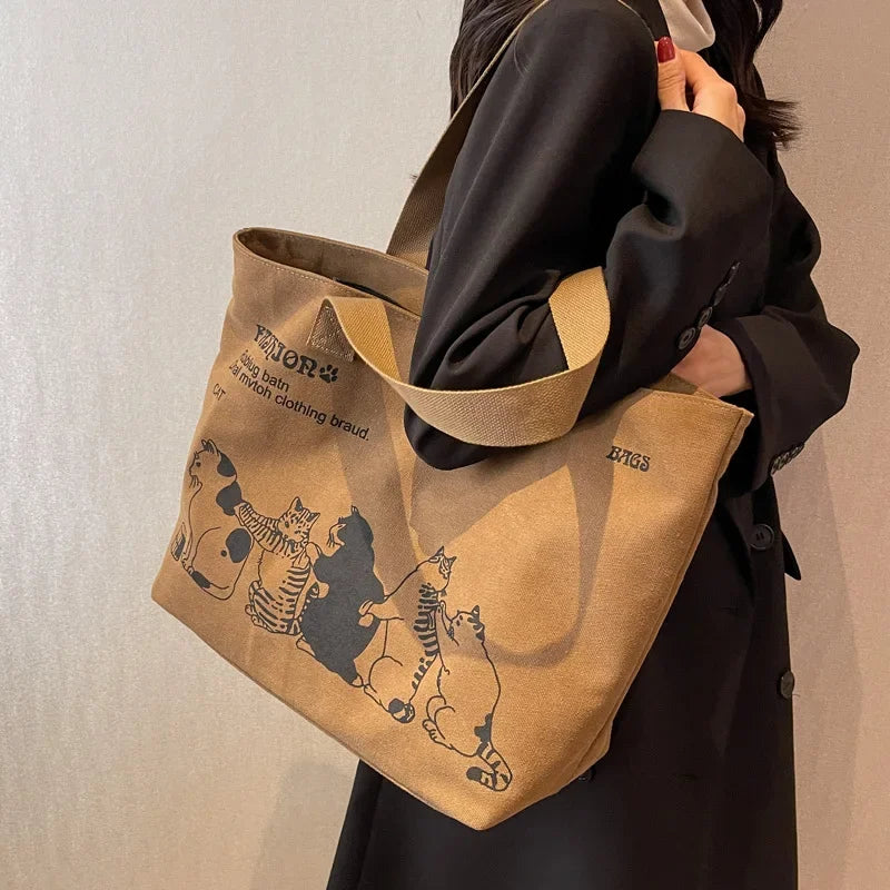 Large Tote for Women Shopping Storage Commute Canvas Handbag Cartoon Cat Printed Totes Portable Leisure Big Bag Shoulder Bags