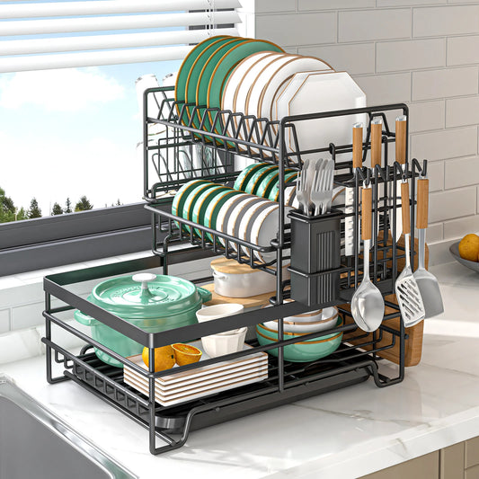 dish drying rack,large-capacity cutlery holder,with drain tray, hooks, cutting board holder,kitchen countertop storage rack