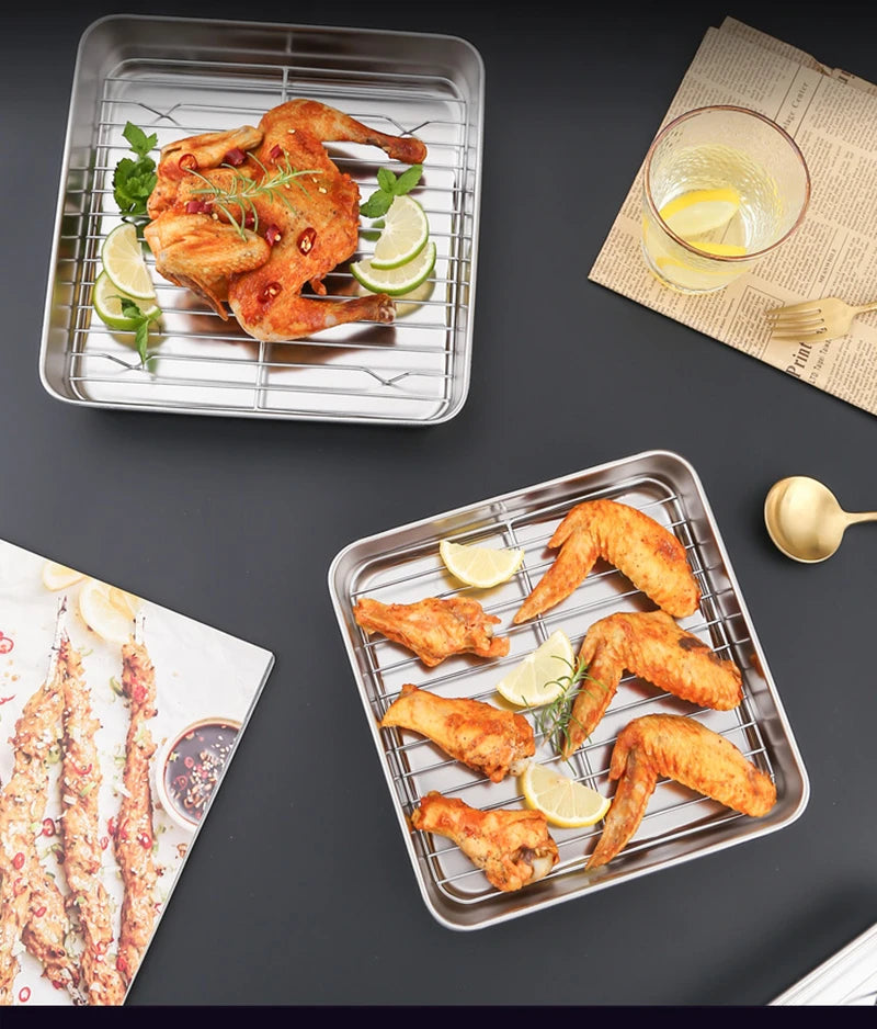 Square Stainless Steel Deepening Baking Tray Nonstick Cookie Bread Fruit Storage Plate with Grid Draining Dish Kitchen Utensils