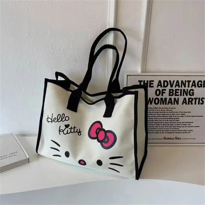 Kawaii Hello Kitty Shoulder Bag for Girls Y2K Hello Kitty Canvas Tote Bag Portable Business Package Fashion Big Laptop Bag Gifts